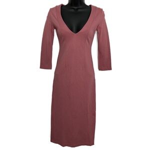 Retrolicious Dusty Rose Stretch Knit Sleeved V Neck Midi Pencil Dress XS